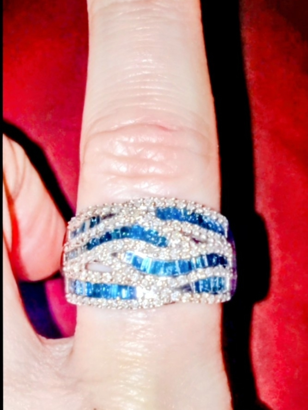 Silver Band Ring with Teal Blue Crystal Waves - Picture 3 of 7